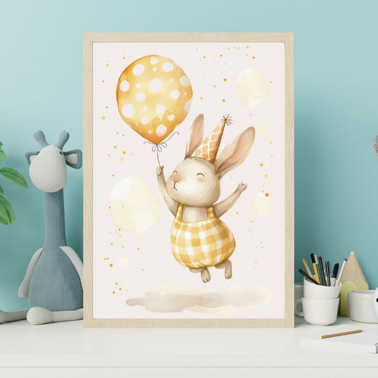 Framed children's poster of a rabbit with a yellow balloon on a light blue wall.