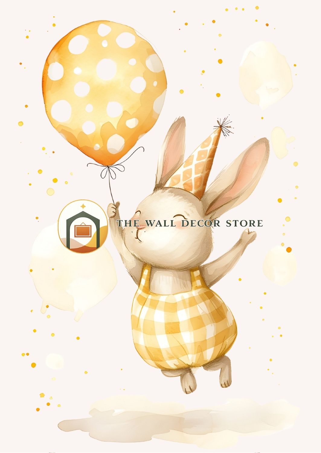 Illustration of a bunny in a yellow dress with a polka dot balloon, on a light background.
