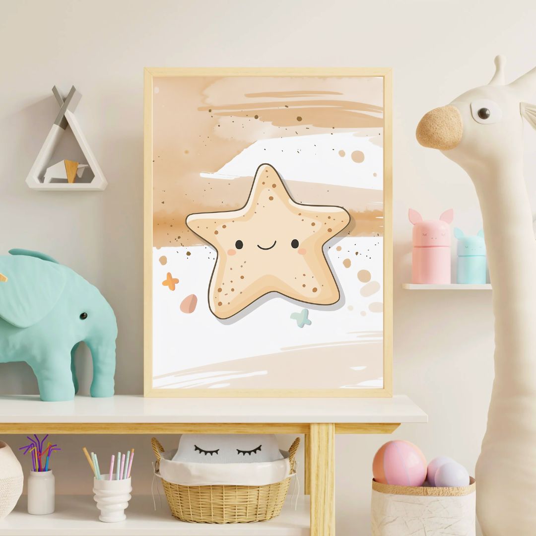 Children's room with a starfish-themed poster on a shelf, surrounded by toys and decor.