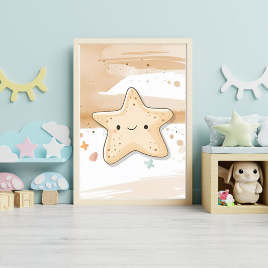 Framed artwork of a smiling starfish in a child's room with toys and decor.