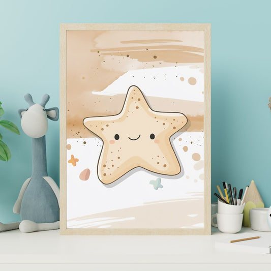 Framed artwork of a smiling starfish on a beach scene with a blue wall and toys in the background.