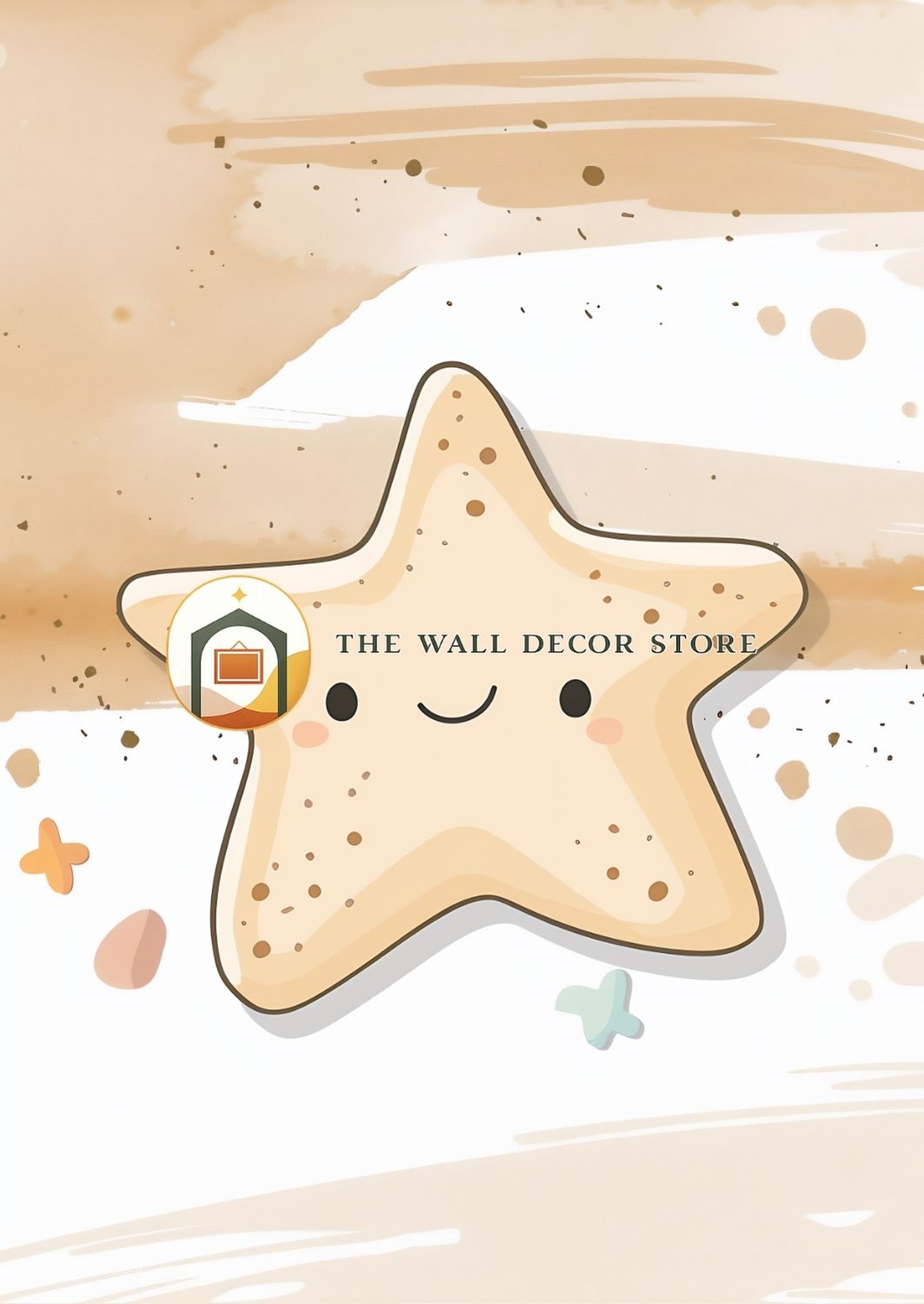 Cartoon starfish with a smile on a beach-themed background, featuring 'The Wall Decor Store' logo.