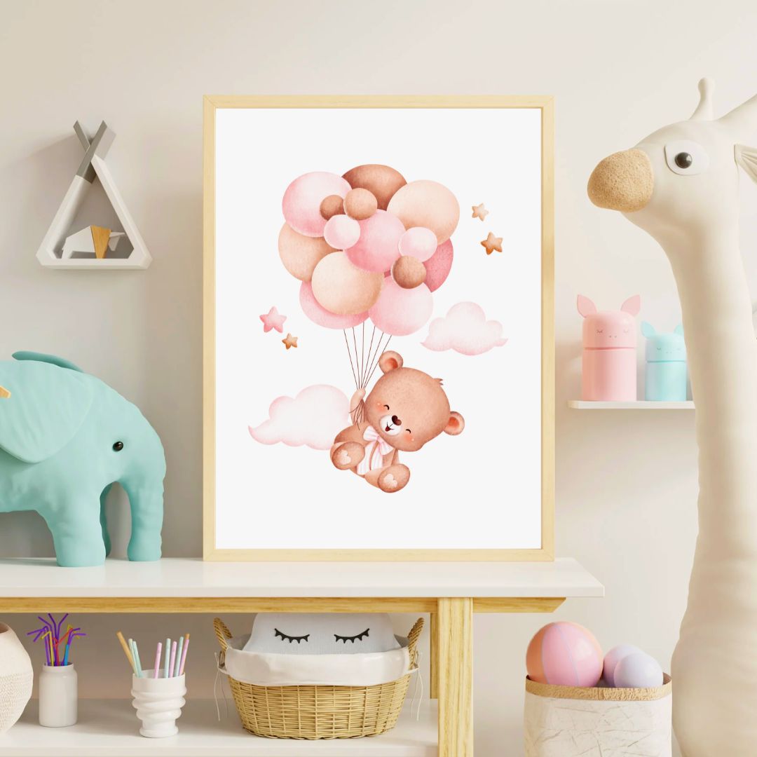 Framed artwork of a bear with balloons in a child's room with toys and decor.