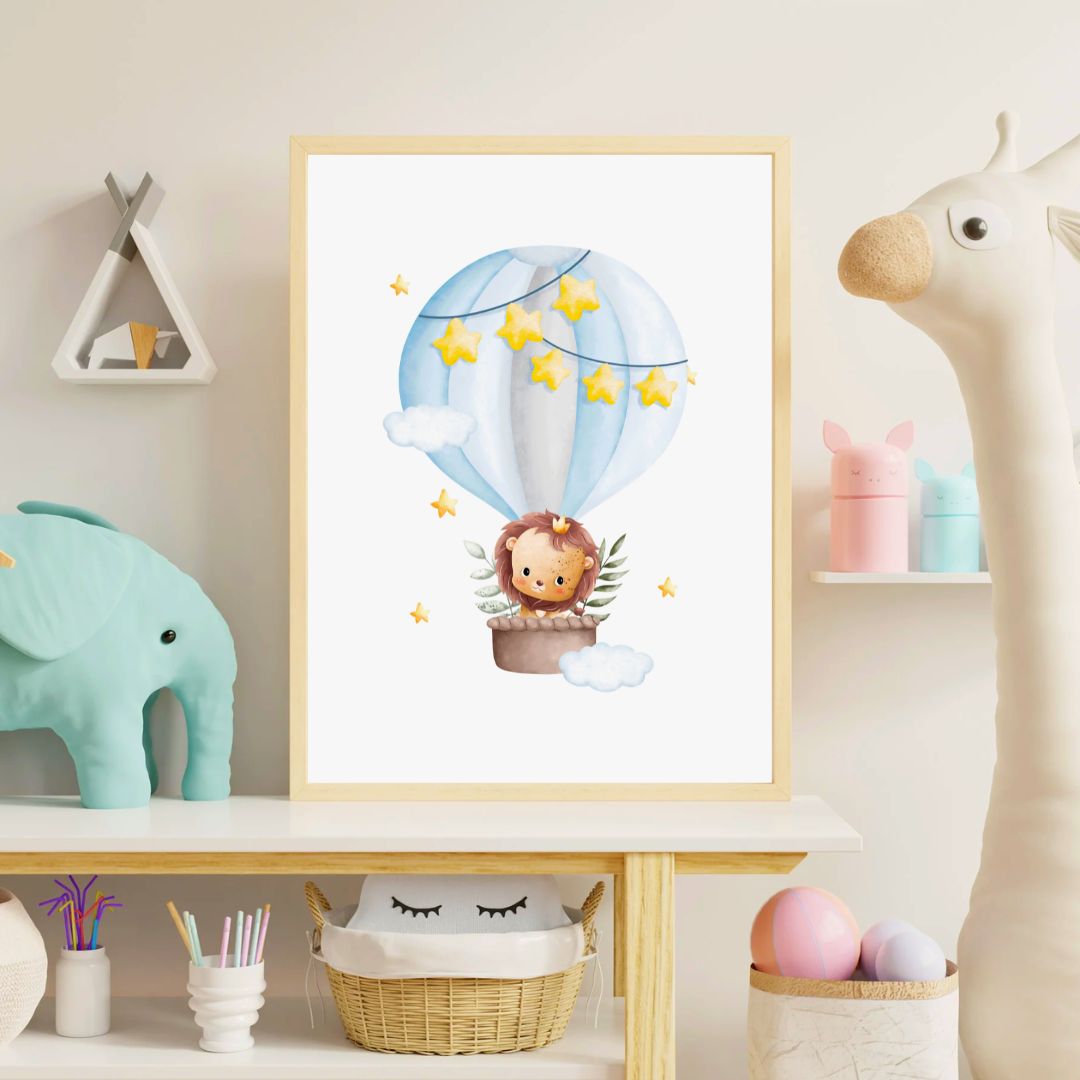 Framed children's poster of a lion in a hot air balloon with stars in a playroom setting.