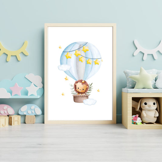 Framed artwork of a lion in a hot air balloon with stars in a child's room.