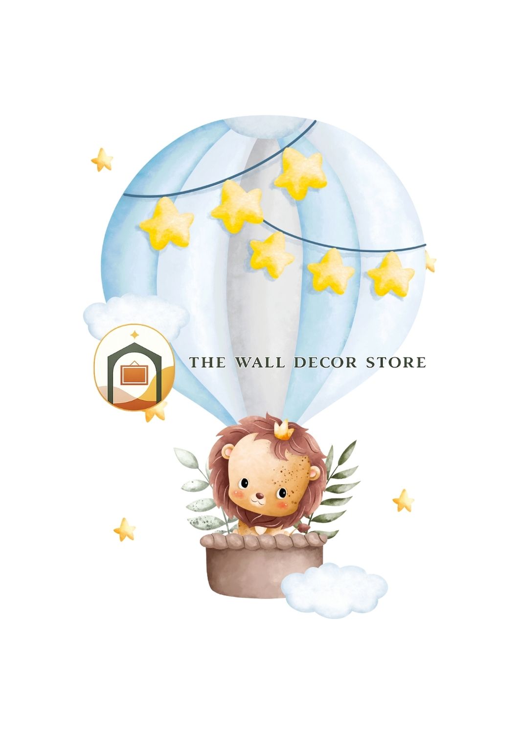 Illustration of a child in a hot air balloon with stars, branded 'The Wall Decor Store'.