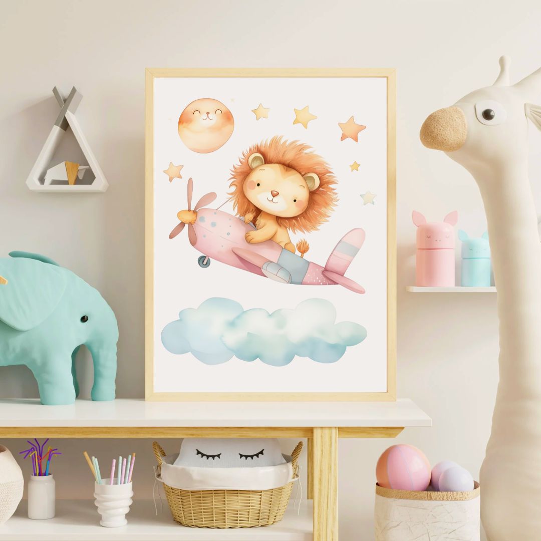 Children's room with a framed illustration of a lion on an airplane, surrounded by toys and decor.