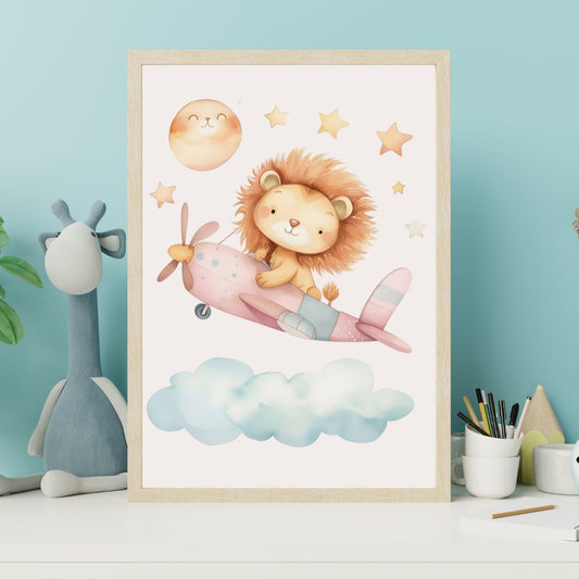 Framed children's poster of a lion on an airplane with stars and clouds, placed on a shelf with toys and stationery.