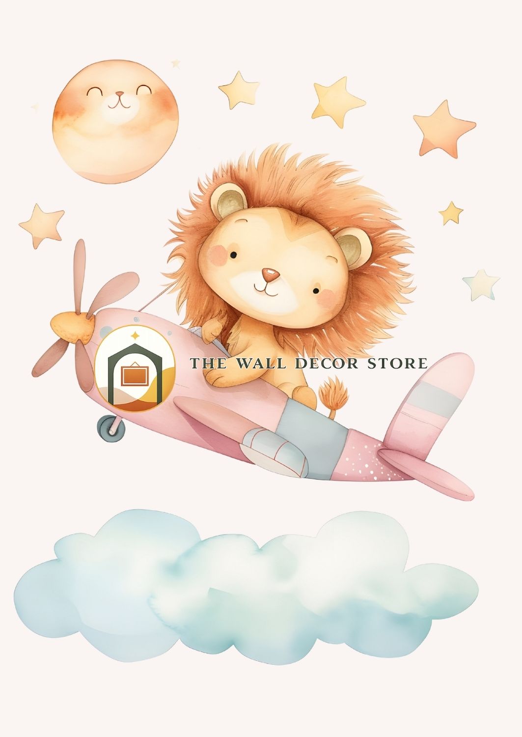 Illustration of a lion on a pink airplane with stars and a cloud in the background, branded 'The Wall Decor Store'.