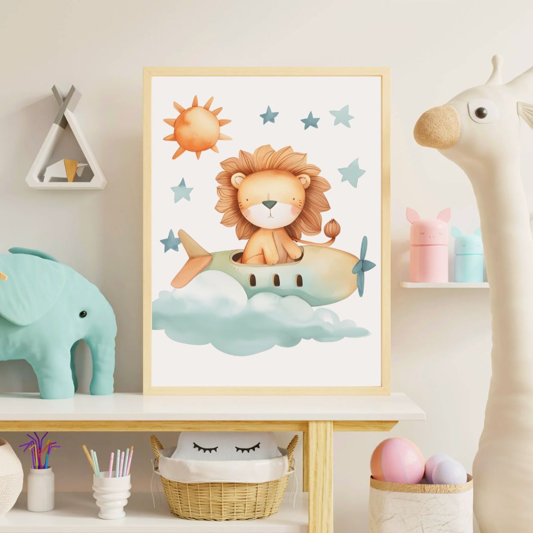 Children's room with a framed illustration of a lion on an airplane, surrounded by toys and decor.