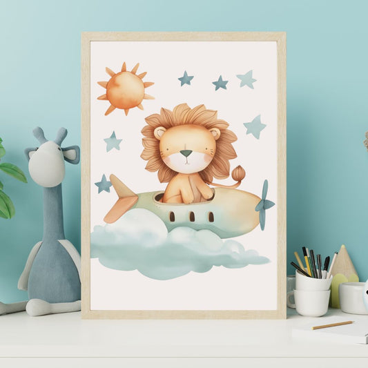 Framed children's poster of a lion on an airplane with a blue wall and toys in the background