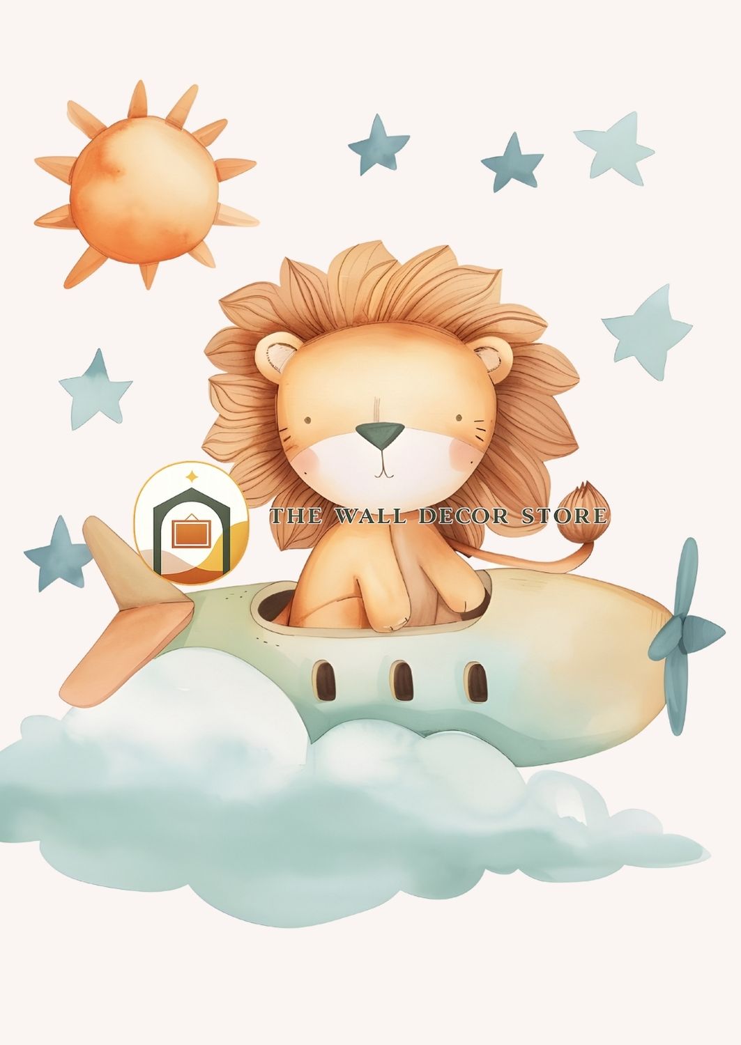 Cartoon lion on an airplane with stars and sun in the background