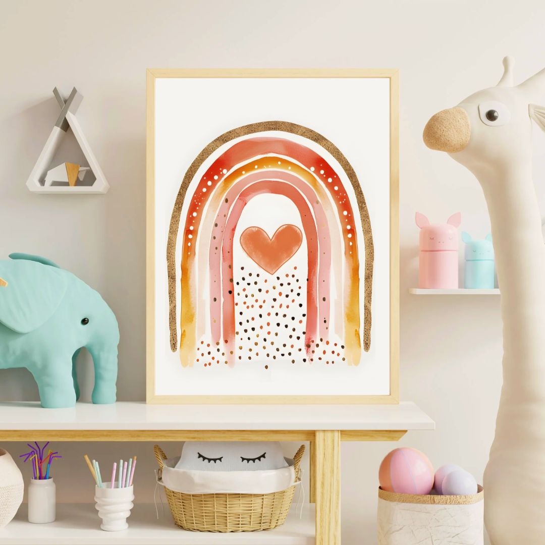 Framed rainbow with heart artwork in a child's room