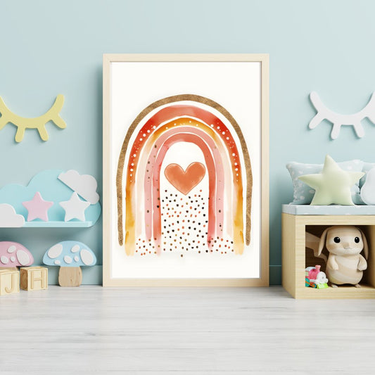 Framed artwork of a rainbow with a heart in a child's room