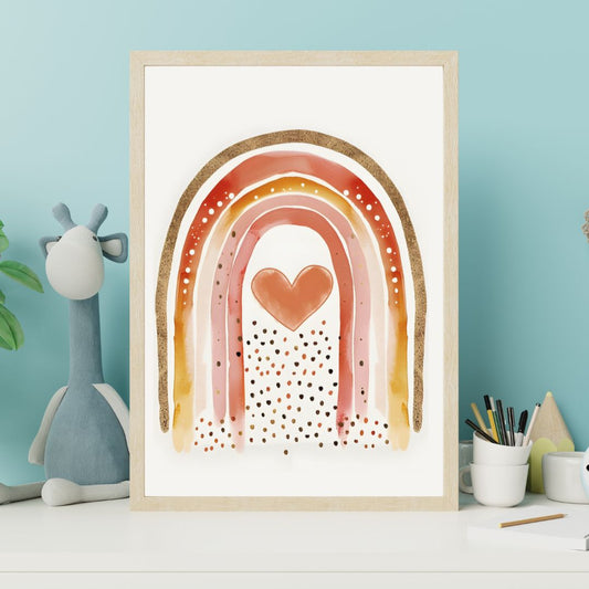 Framed artwork with a rainbow and heart design on a wall with a blue background.