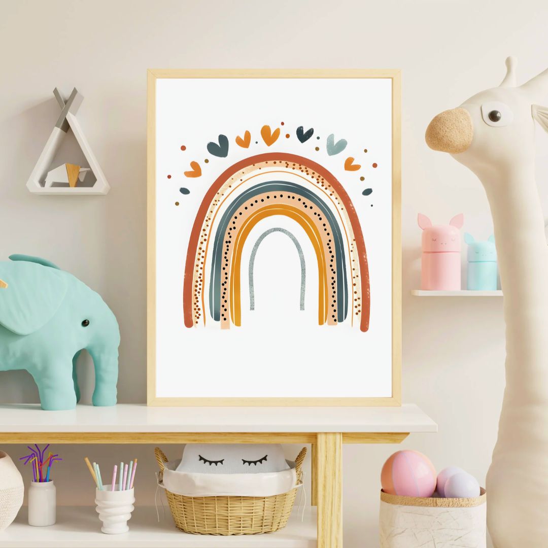 Framed rainbow art print in a child's room with toys and decor.
