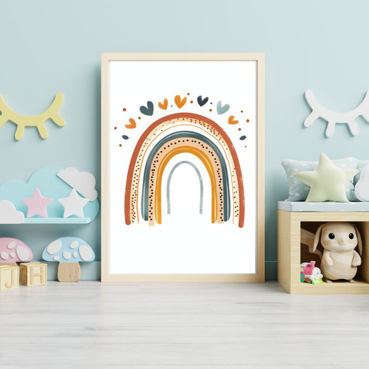 Framed rainbow artwork in a child's room with toys and decorations.