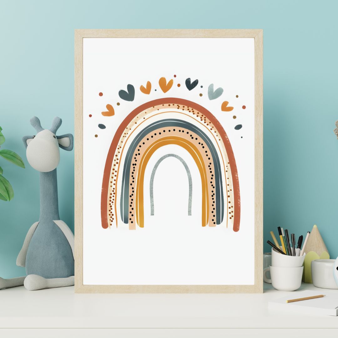 Framed artwork with a colorful rainbow design on a white background, placed on a shelf against a light blue wall.