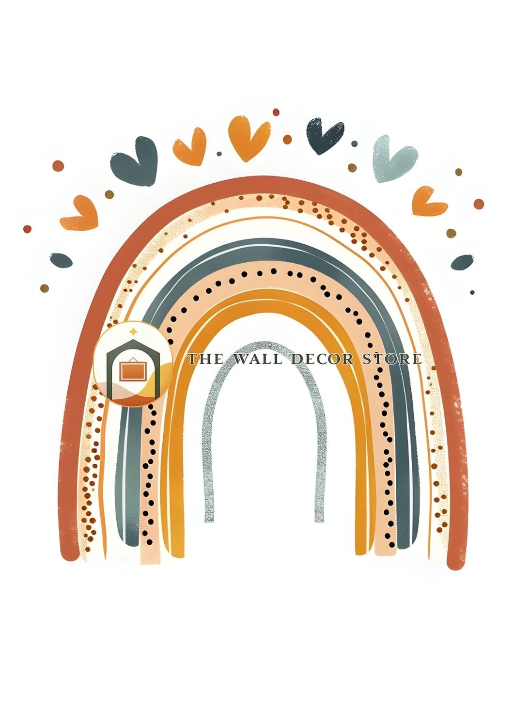 Colorful rainbow design with hearts and dots on a white background, featuring 'The Wall Decor Store' branding.