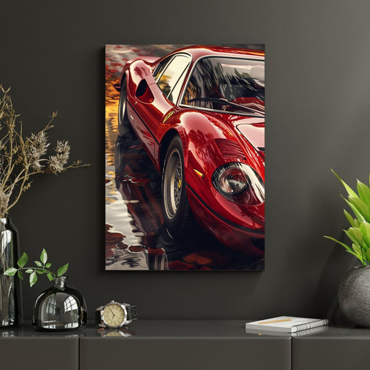 Red sports car painting on a dark wall with decorative items below.