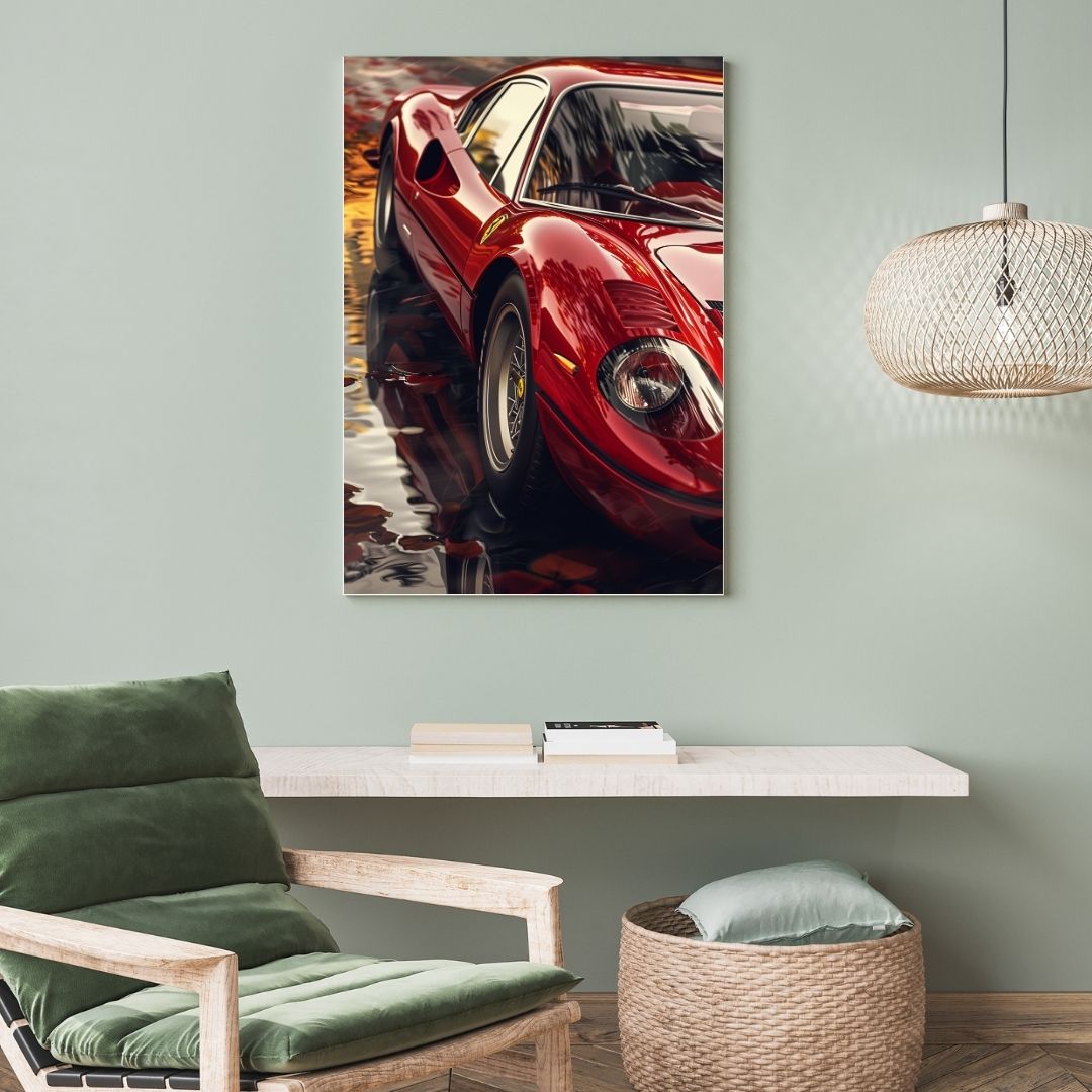 Red sports car painting on a wall above a green chair and small table.