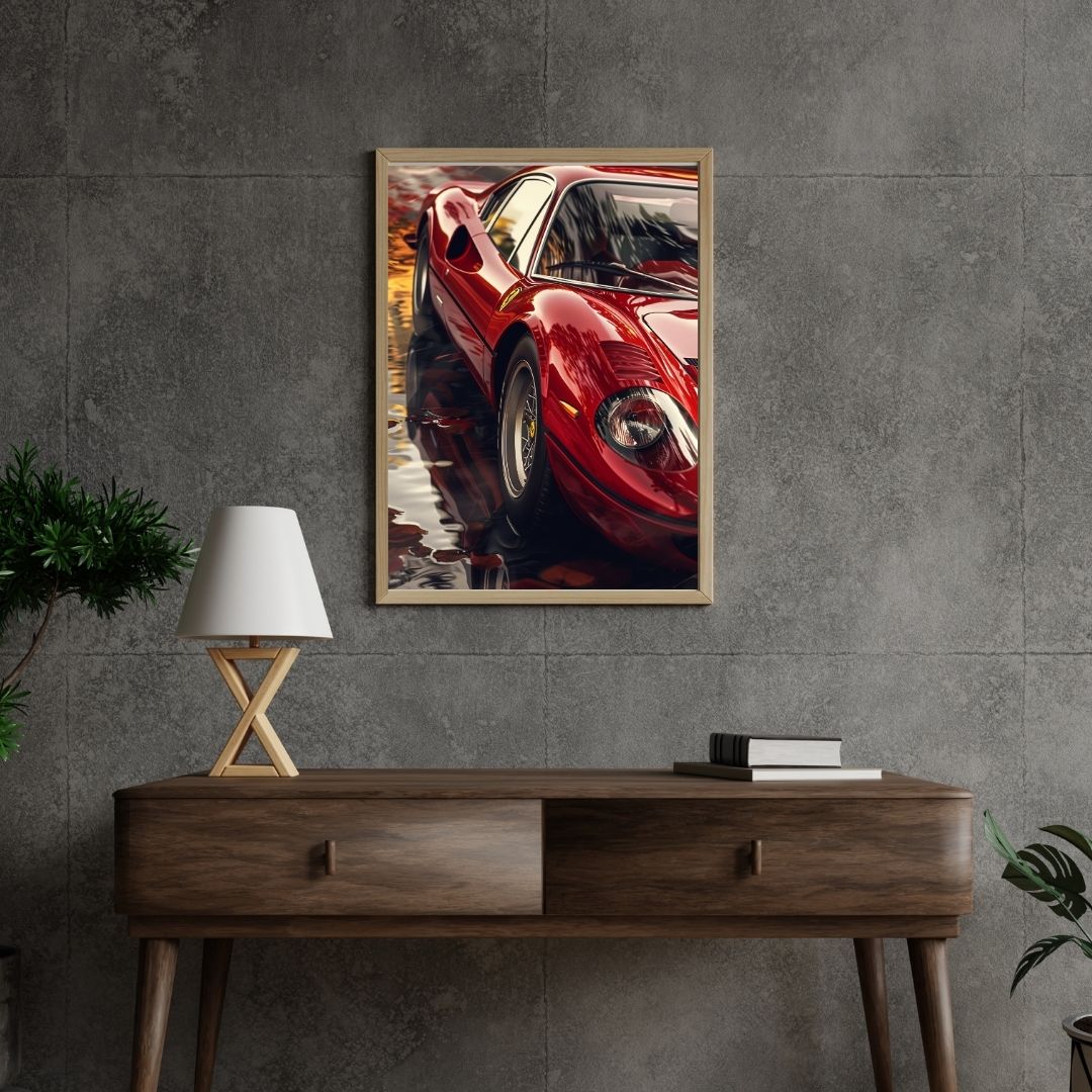 Framed artwork of a red sports car on a gray wall above a wooden console table.