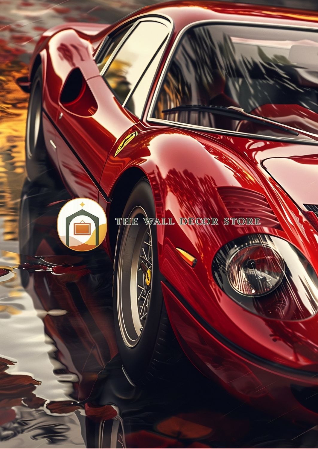 Red sports car reflected in water with 'The Wall Decor Store' logo.