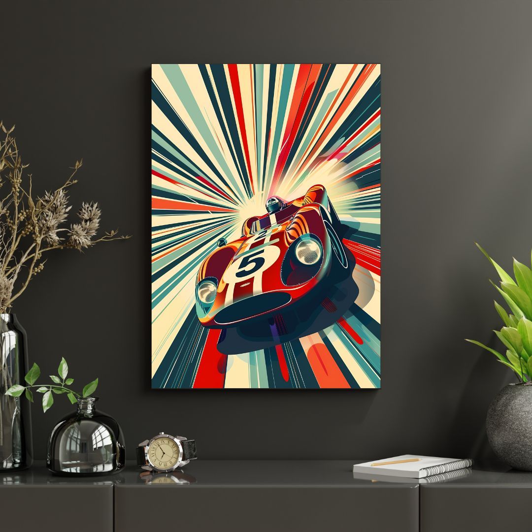 Colorful abstract painting of a vintage car on a dark wall with decorative items below.