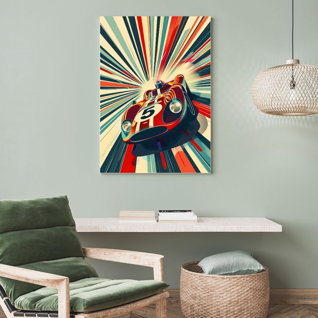 Colorful abstract painting of a vintage car on a wall above a green armchair.