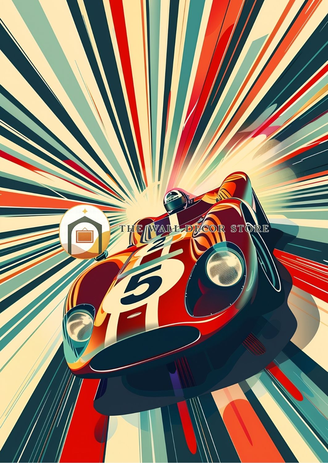 Colorful vintage race car illustration with dynamic background