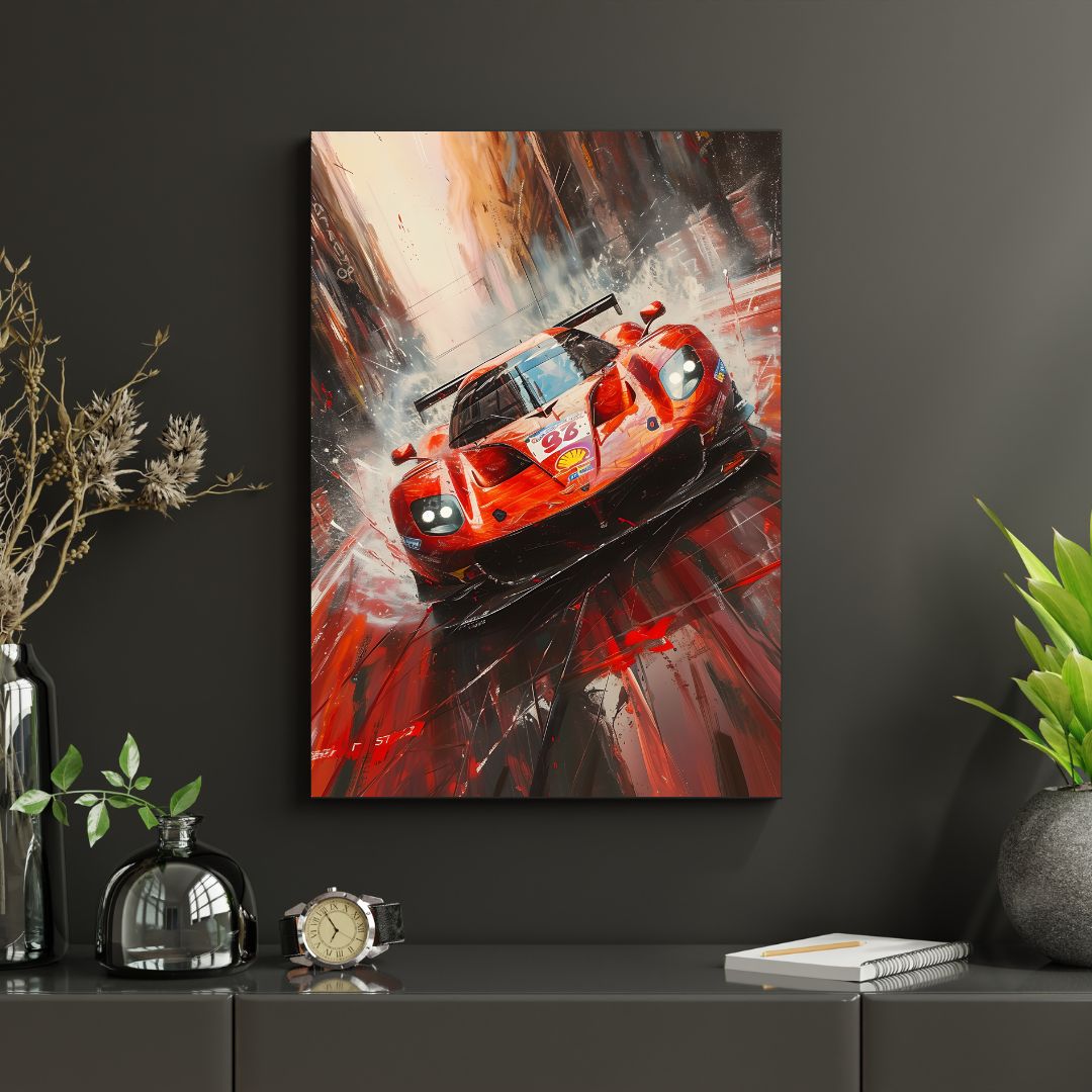Painting of a red race car on a dark wall with decorative items below.