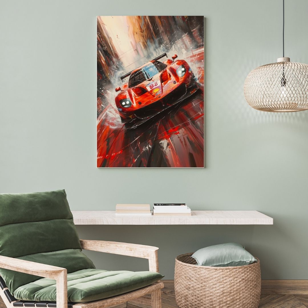 Red sports car painting on a wall above a green chair and table.