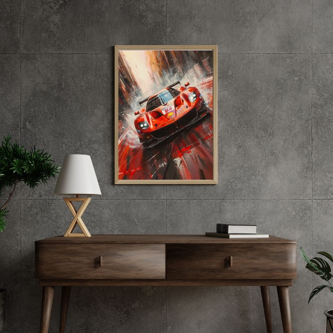 Framed painting of a red sports car on a gray wall above a wooden console table.