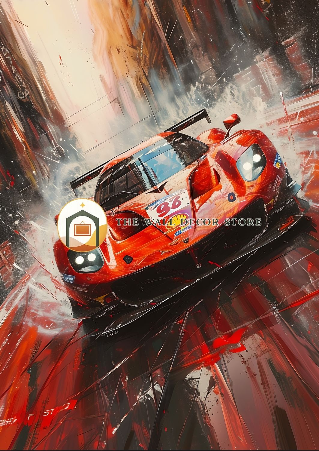 Red race car with colorful design on a dynamic background