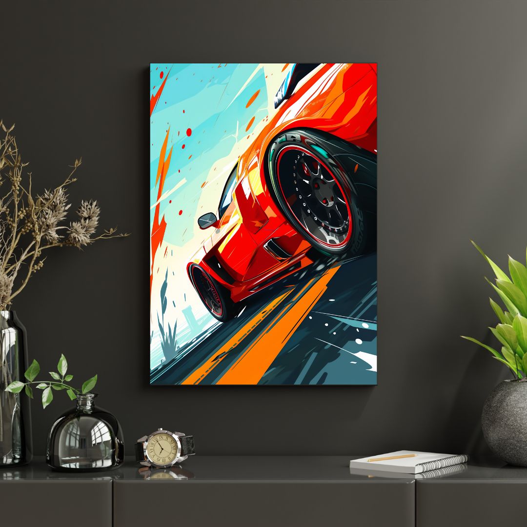 Canvas print of a red sports car on a black wall with decorative items below.