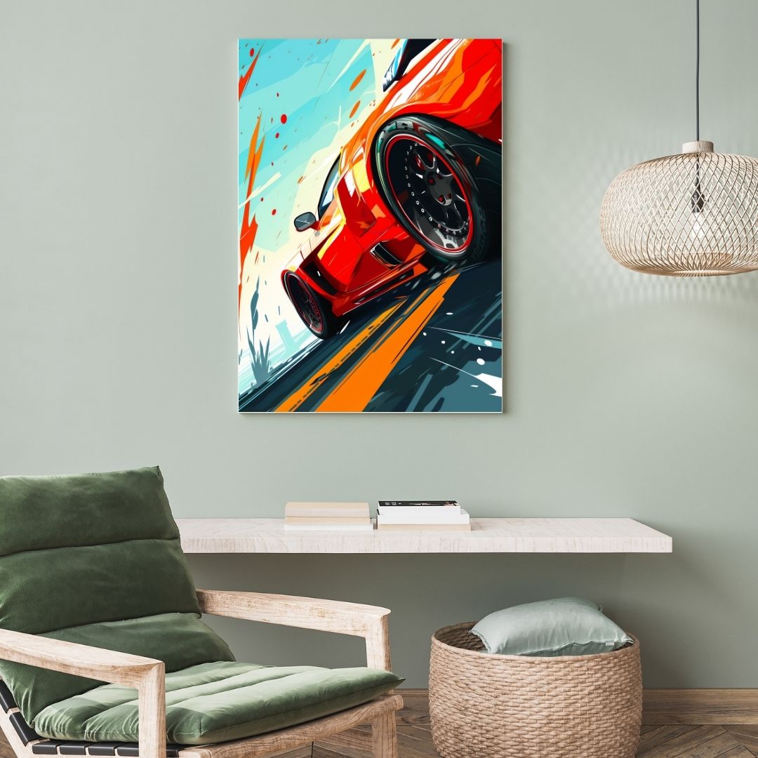 Modern living room with a green armchair, wicker side table, and abstract car painting on the wall.