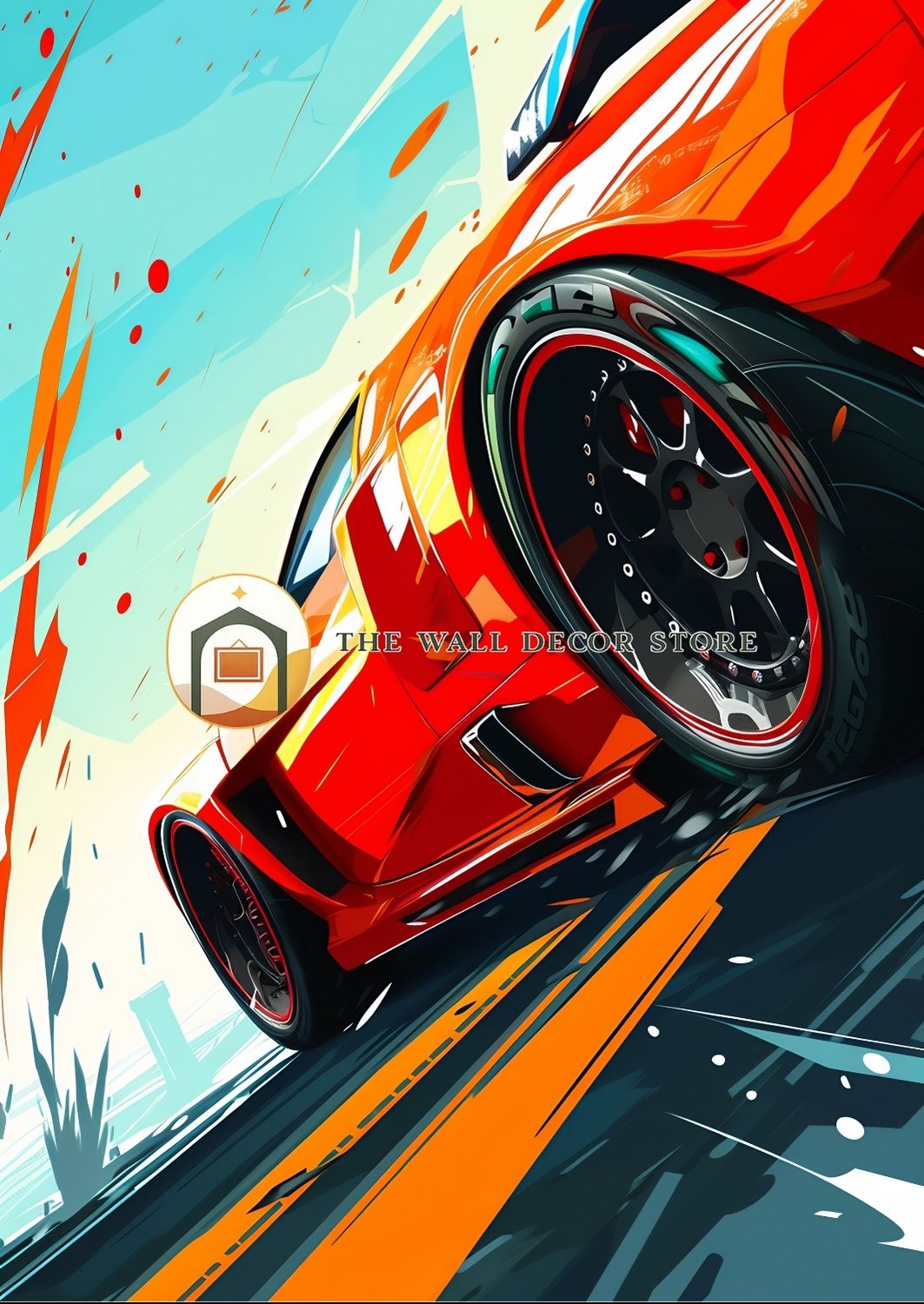 Illustration of a red sports car on a road with abstract elements.