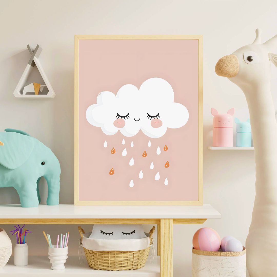 Framed artwork of a cloud with raindrops in a child's room