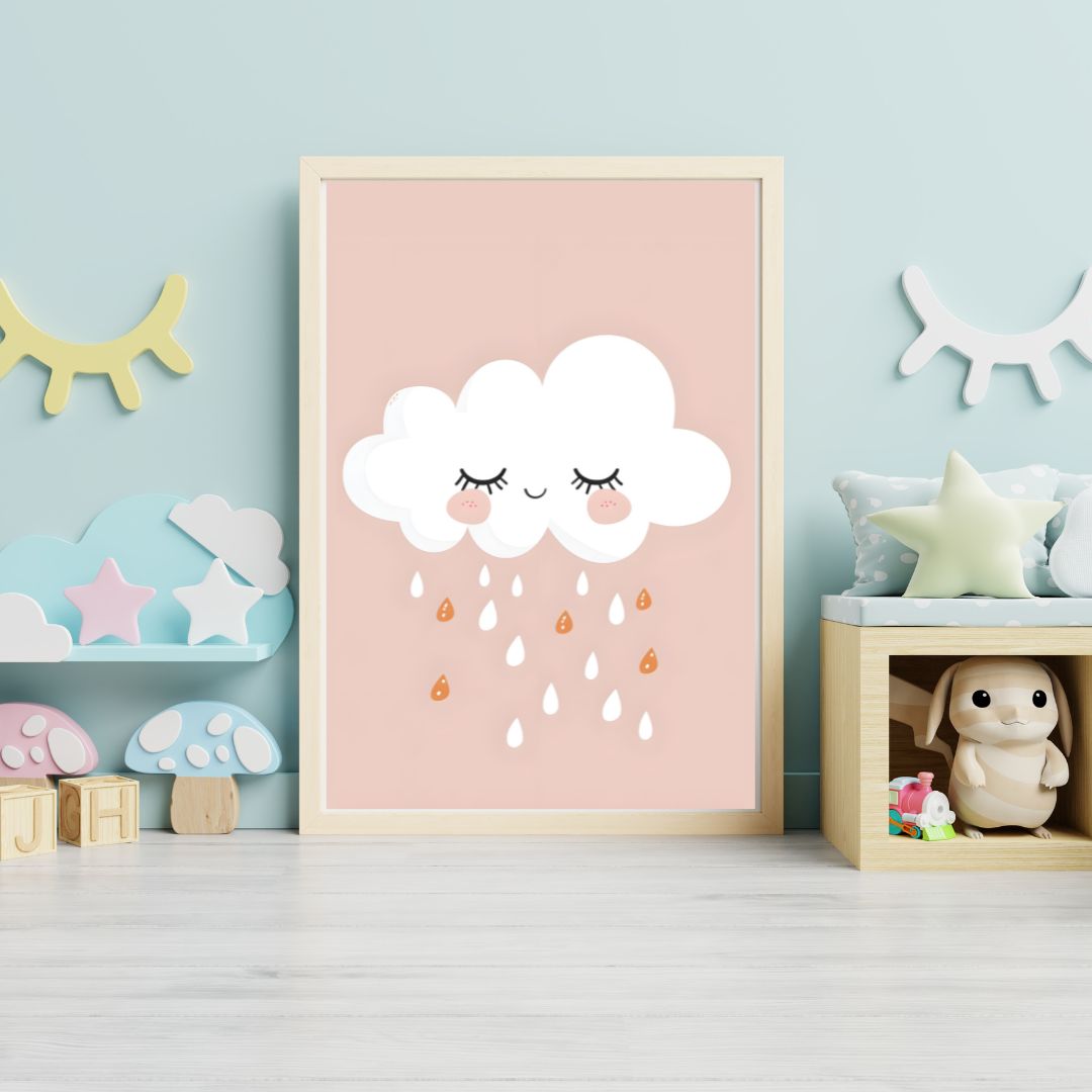 Framed artwork of a cloud with a smiling face and raindrops in a child's room.