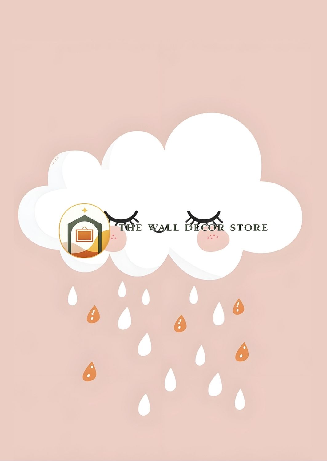 Cloud with raindrops and 'The Wall Decor Store' logo on a pink background