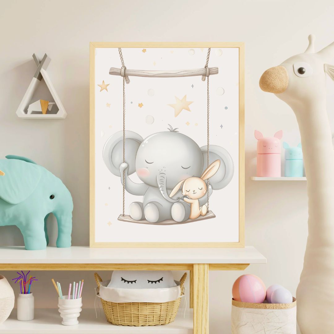 Framed children's poster of an elephant and rabbit on a swing in a room with toys and decor.