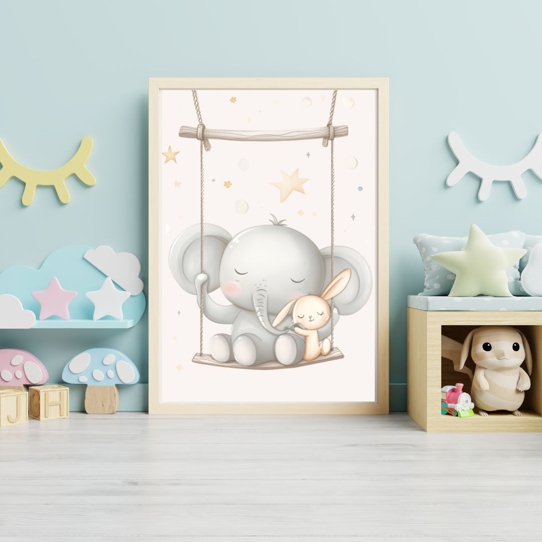 Framed artwork of an elephant and rabbit on a swing in a child's room.