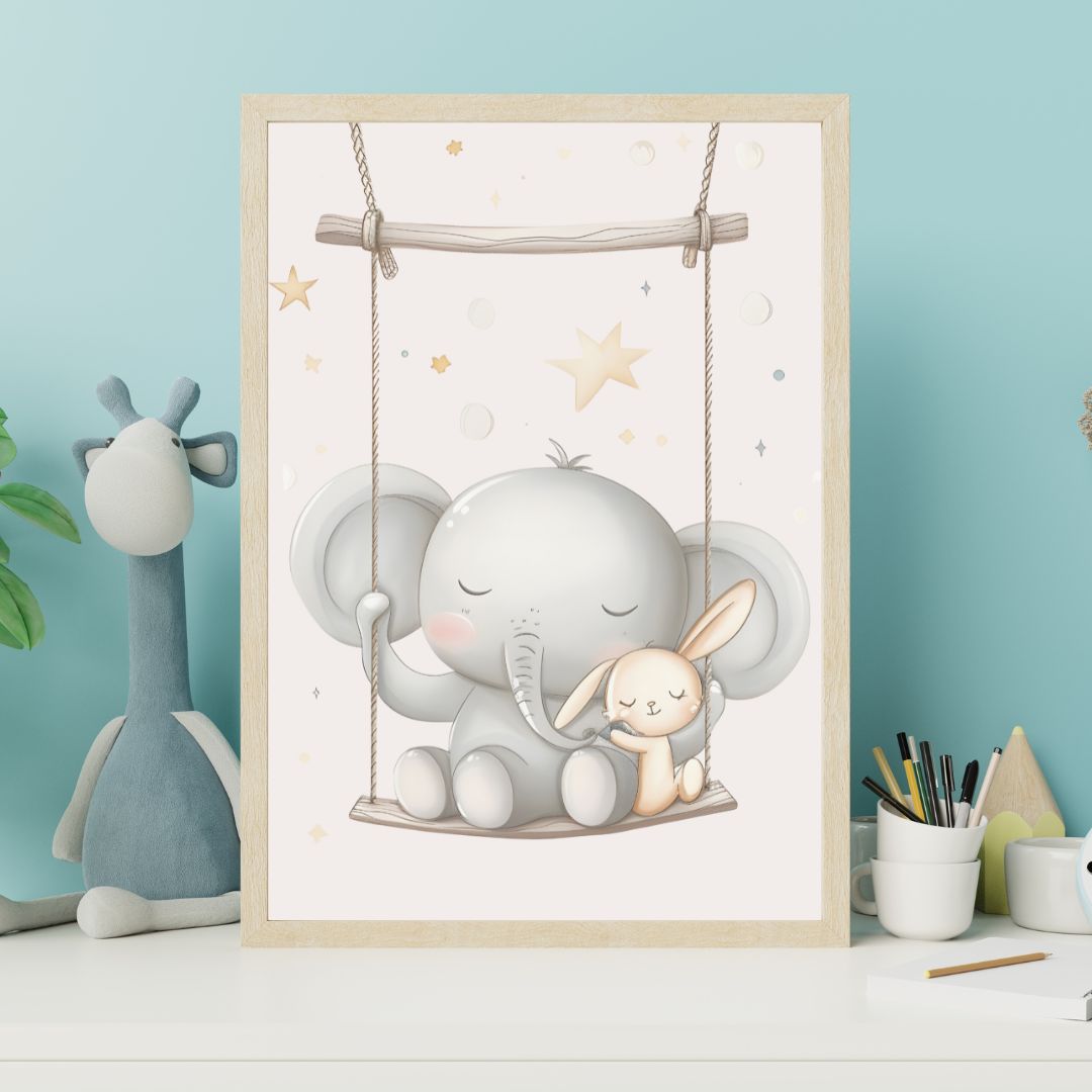 Framed children's poster of an elephant and rabbit on a swing against a light blue wall.