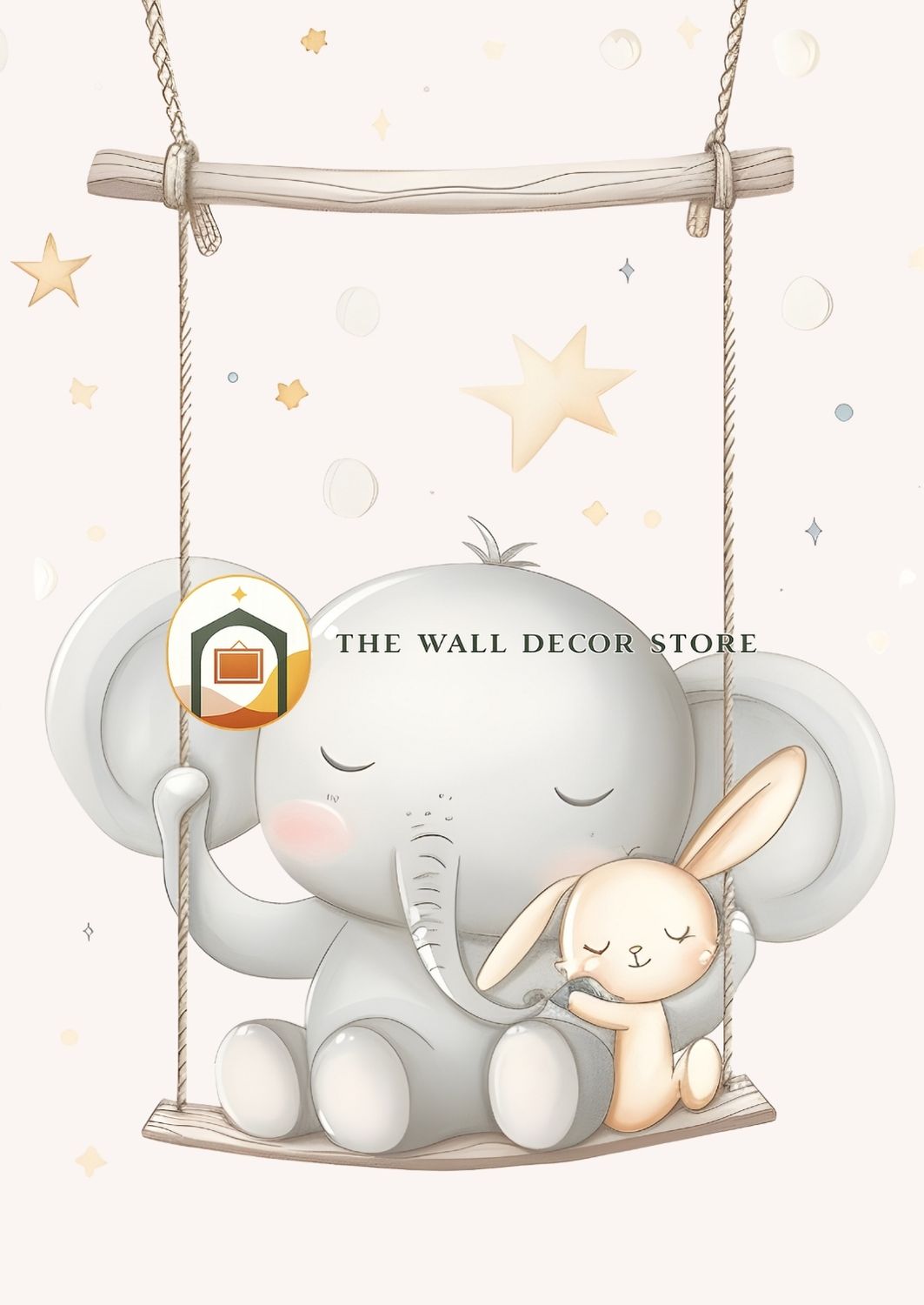 Cartoon elephant and rabbit on a swing with starry background, brand 'The Wall Decor Store' visible.