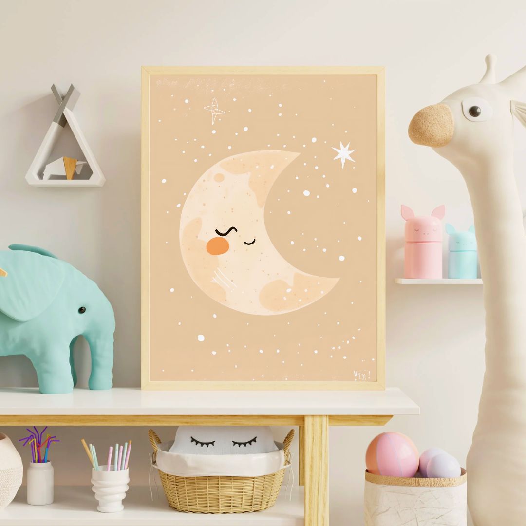 Framed artwork of a smiling moon on a shelf with toys and decor
