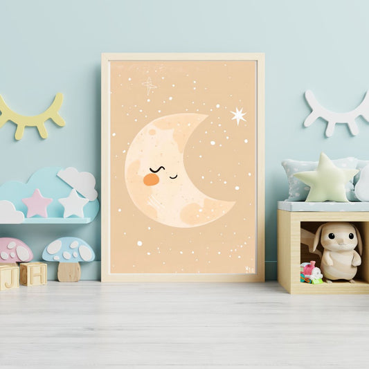 Framed artwork of a smiling moon on a wall with children's toys and decor.