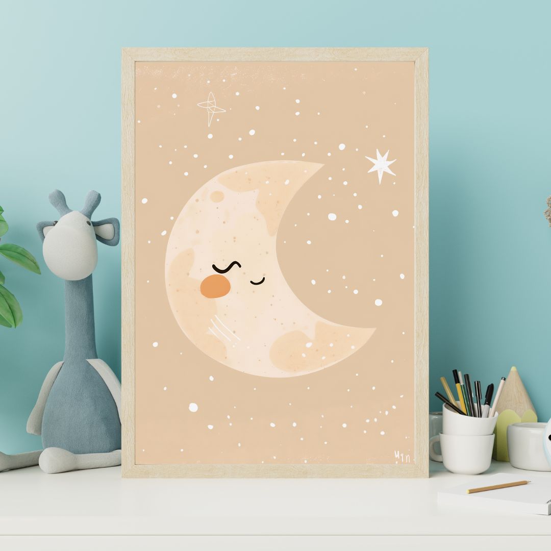 Framed children's poster of a smiling moon with stars on a light blue wall.