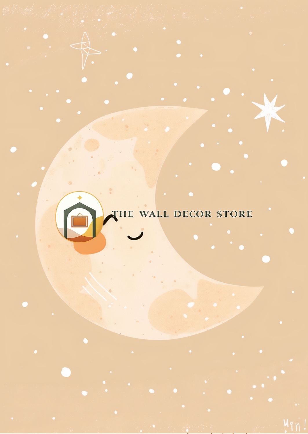 Illustration of a cat on a crescent moon with stars, featuring 'The Wall Decor Store' logo.