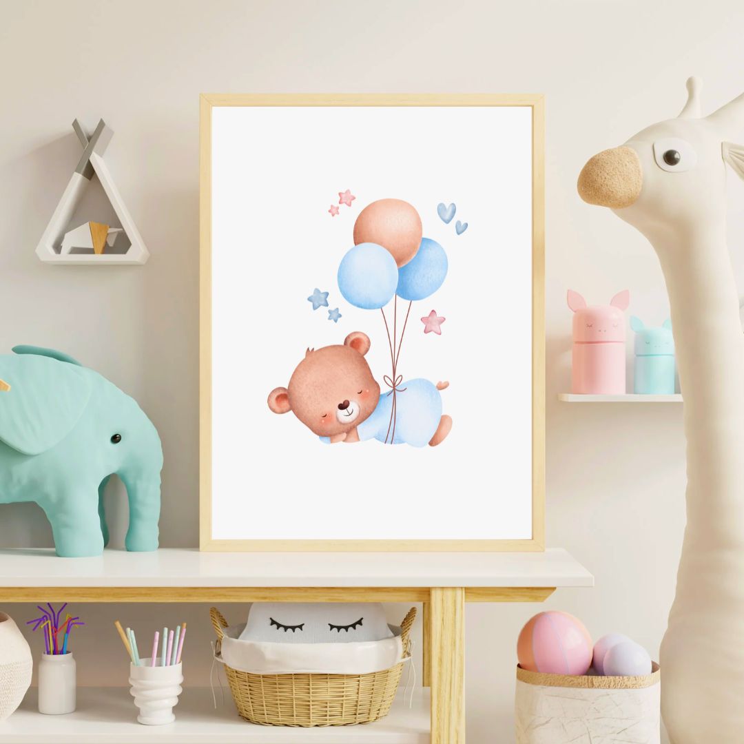 Framed children's poster of a bear with balloons in a nursery setting.