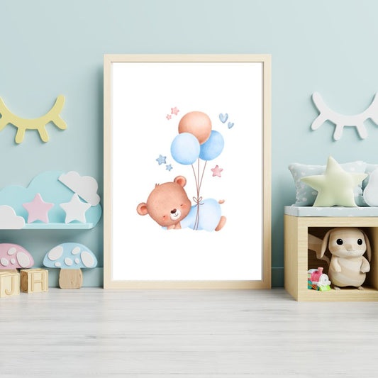 Framed artwork of a bear with balloons in a child's room with toys and decorations.